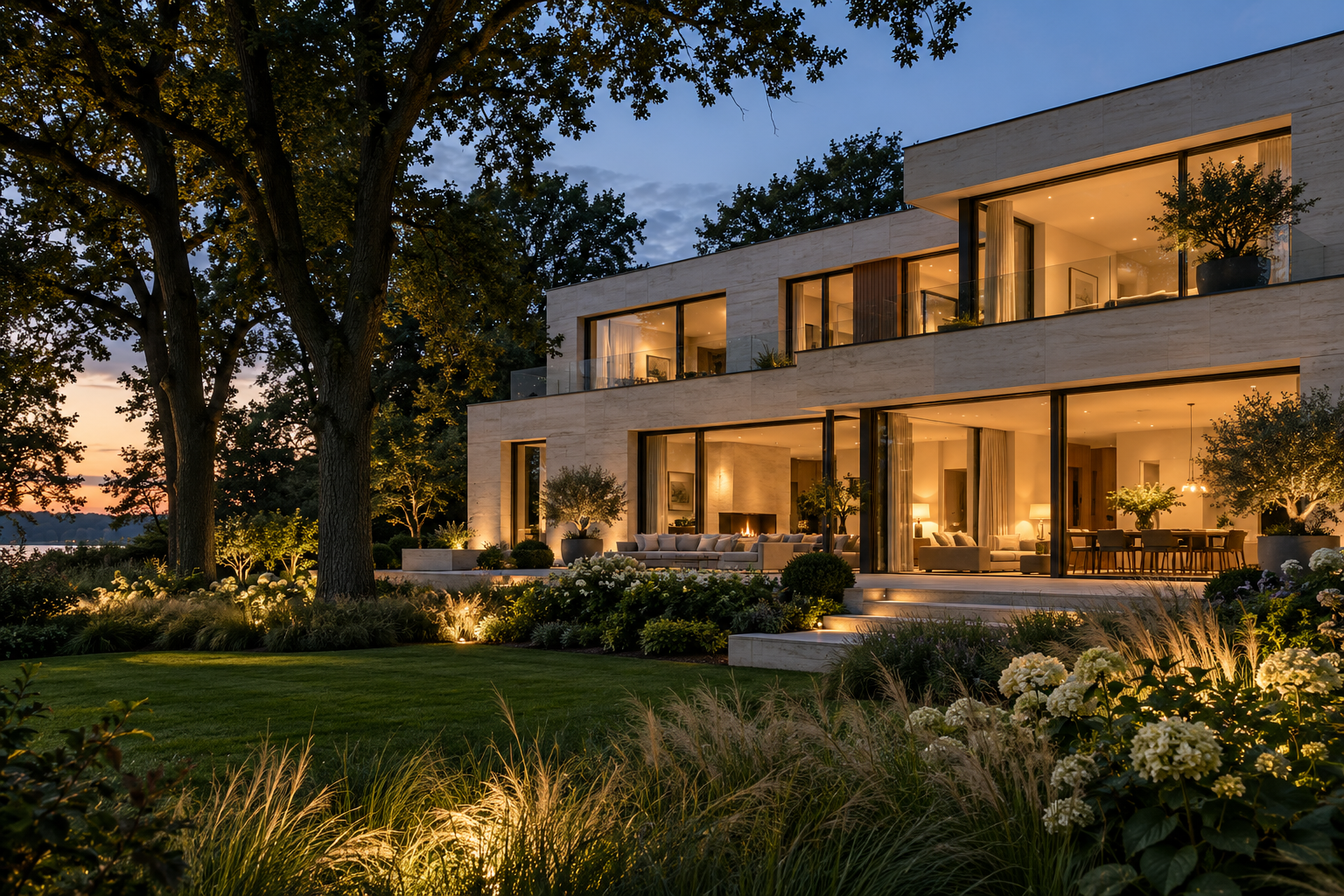 Ruhige Architektur und Garten im Abendlicht